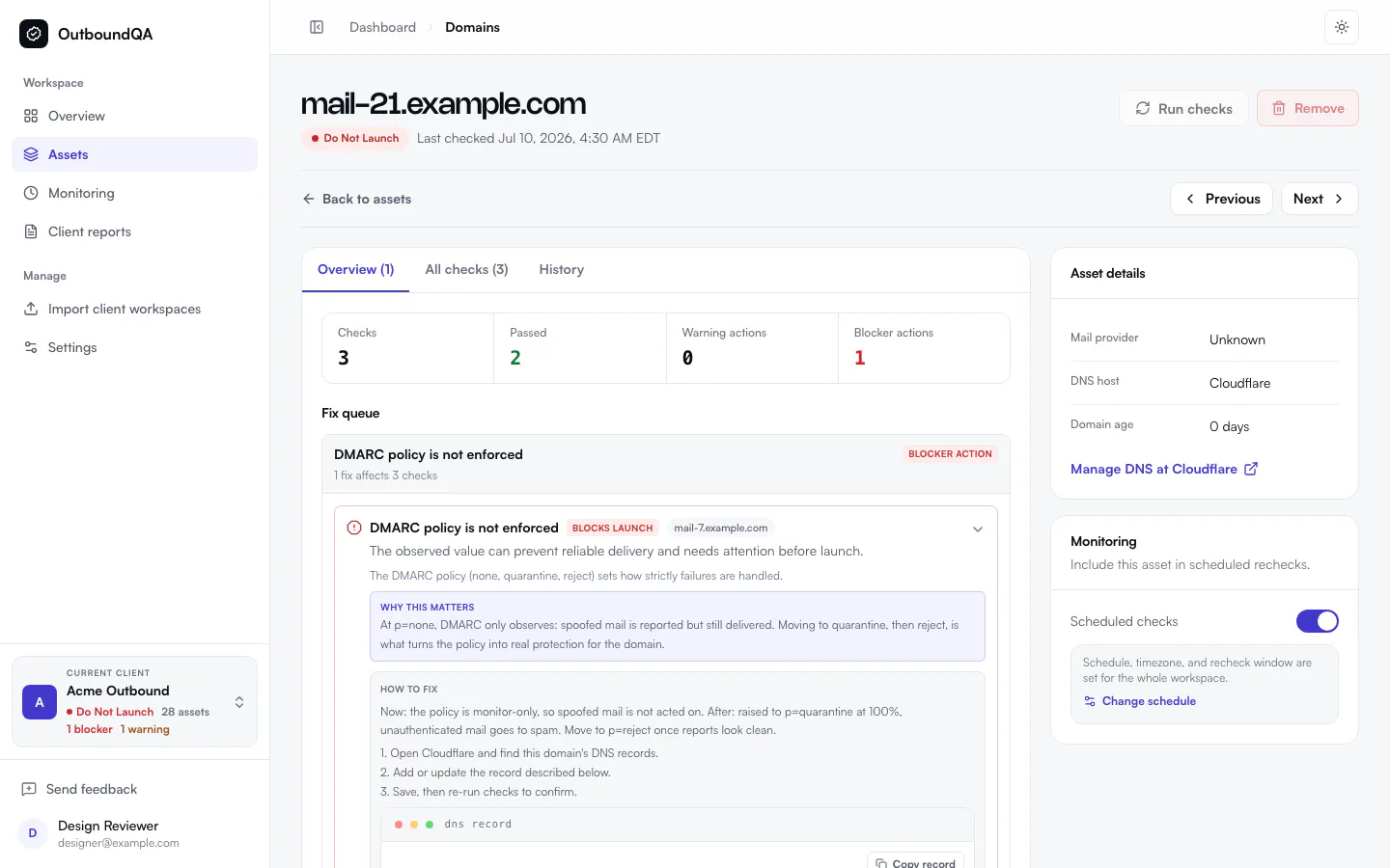 OutboundQA asset detail showing a grouped remediation action with evidence and the exact DNS fix